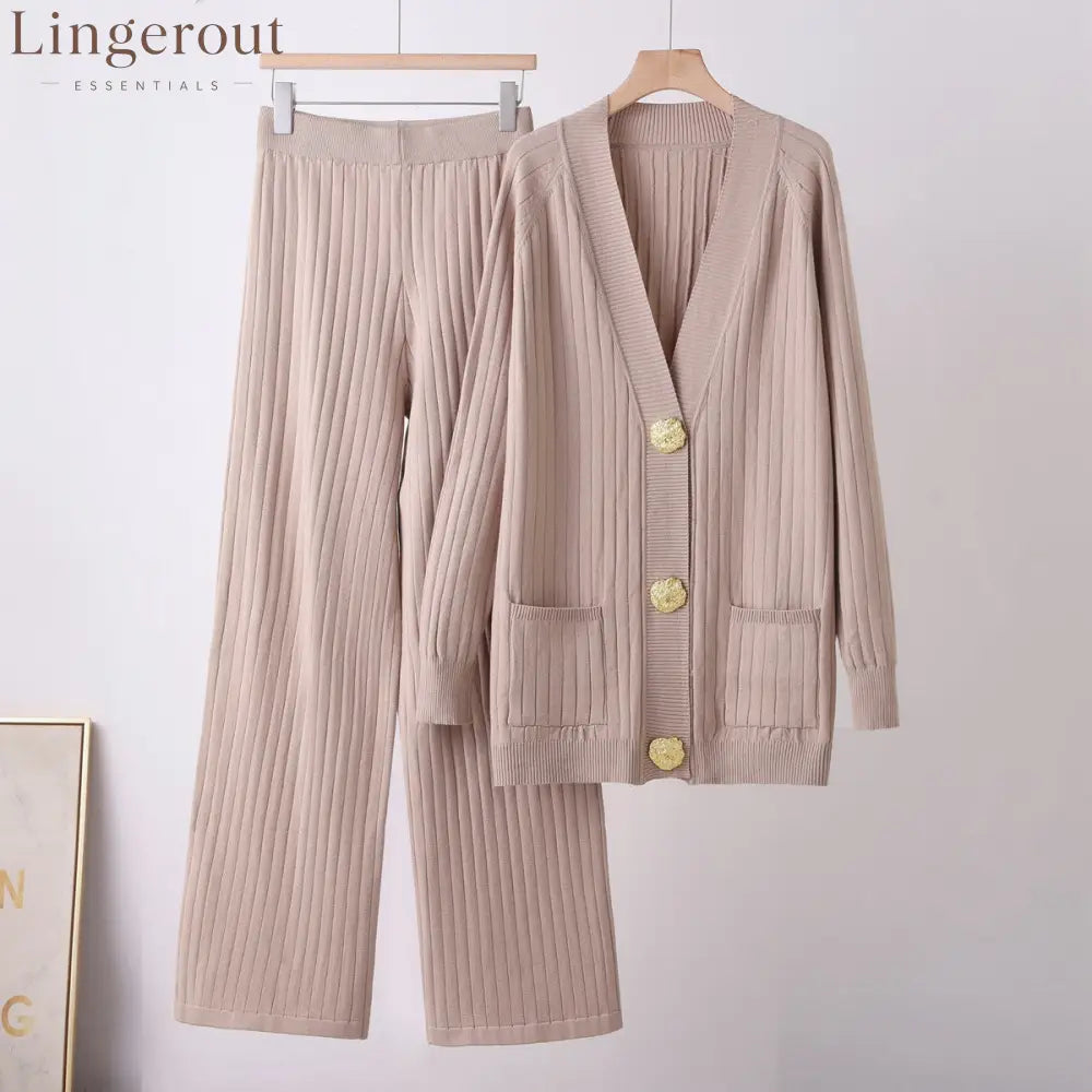 Ribbed Knit Cardigan & Wide-Leg Pants Set