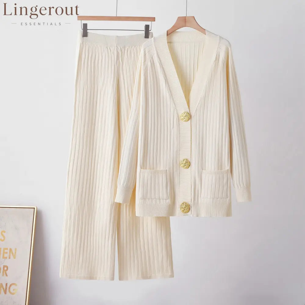 Ribbed Knit Cardigan & Wide-Leg Pants Set - Apricot / S