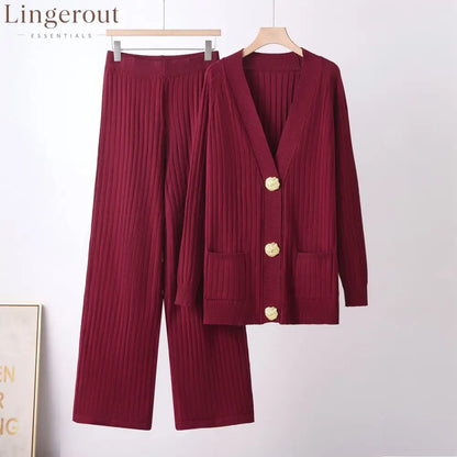 Ribbed Knit Cardigan & Wide-Leg Pants Set - Red / S