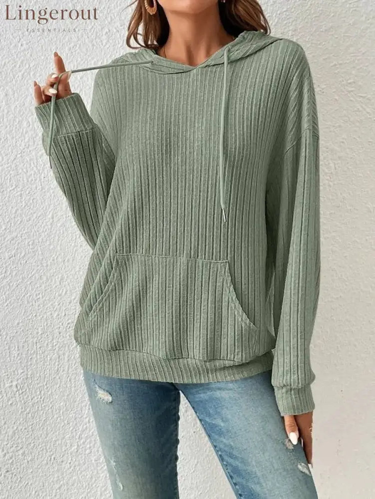 Ribbed Knit Casual Hoodie Top - Green / S