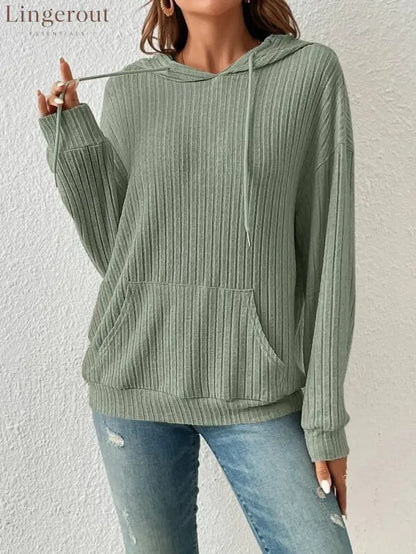 Ribbed Knit Casual Hoodie Top - Green / S