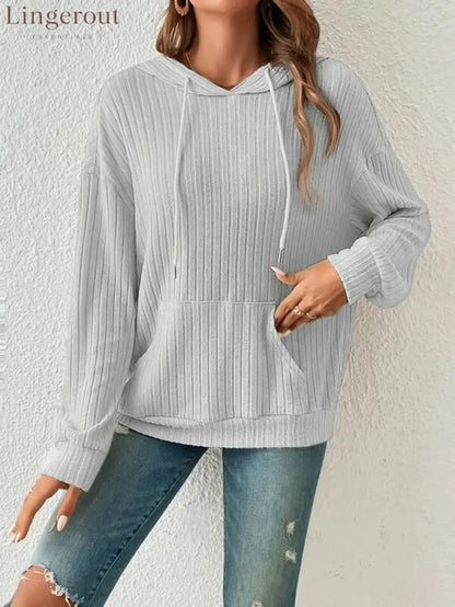Ribbed Knit Casual Hoodie Top - Grey / S