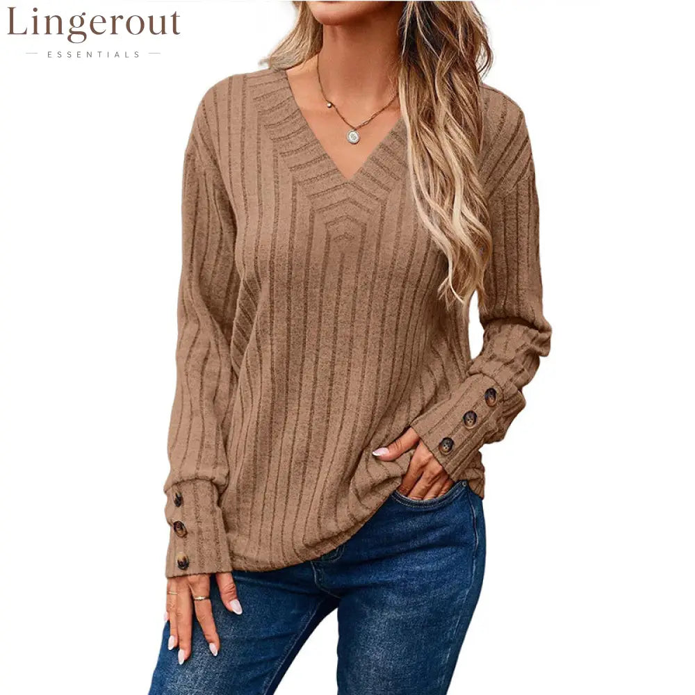 Ribbed Knit V-Neck Button Cuff Top