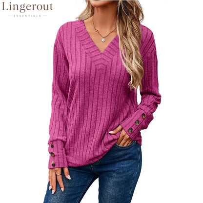 Ribbed Knit V-Neck Button Cuff Top