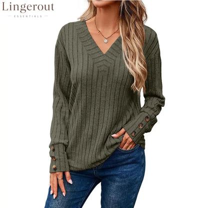 Ribbed Knit V-Neck Button Cuff Top
