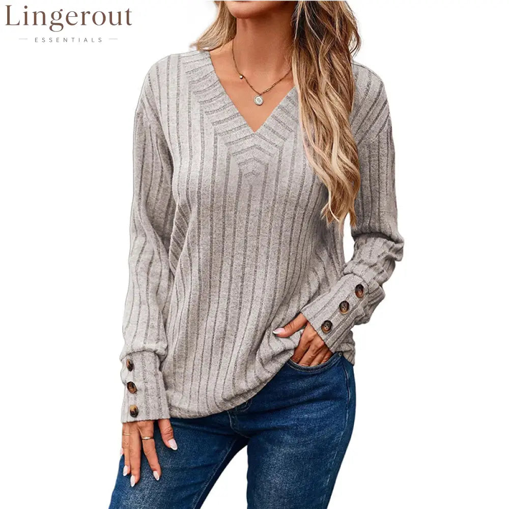 Ribbed Knit V-Neck Button Cuff Top - Apricot / S