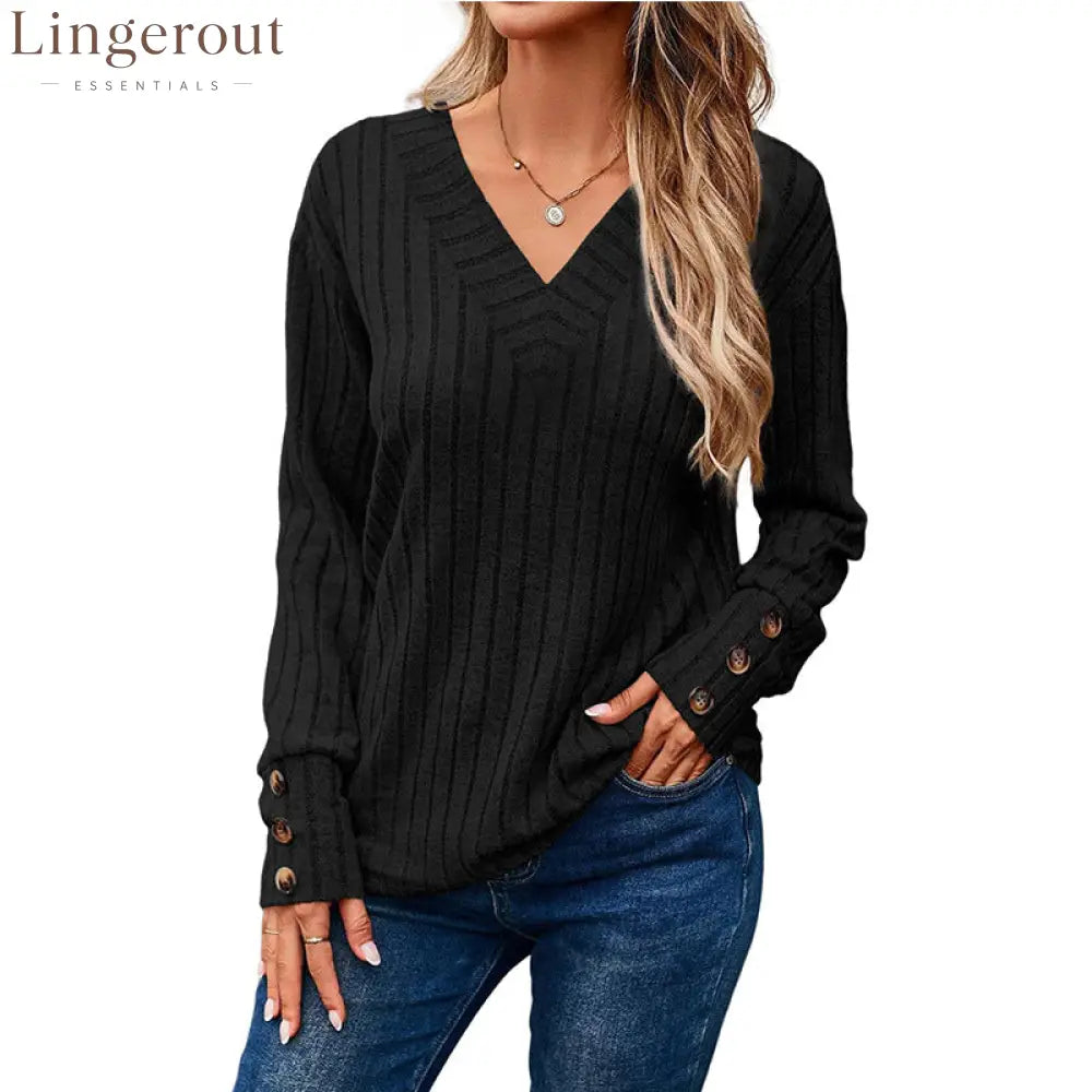 Ribbed Knit V-Neck Button Cuff Top - Black / S