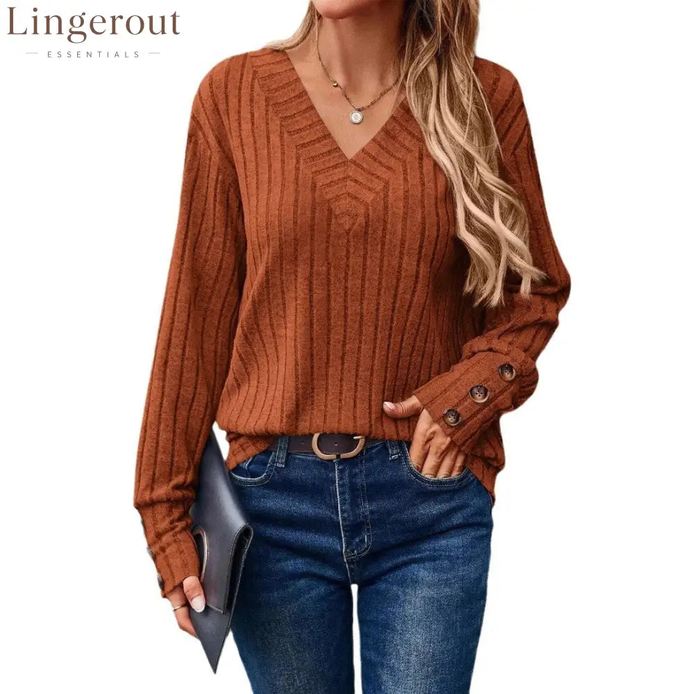 Ribbed Knit V-Neck Button Cuff Top - Caramel color / S