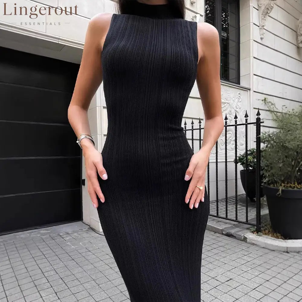 Ribbed Knitted Sleeveless Bodycon Maxi Dress - Black / S