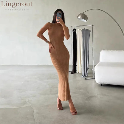 Ribbed Knitted Sleeveless Bodycon Maxi Dress - Khaki / S