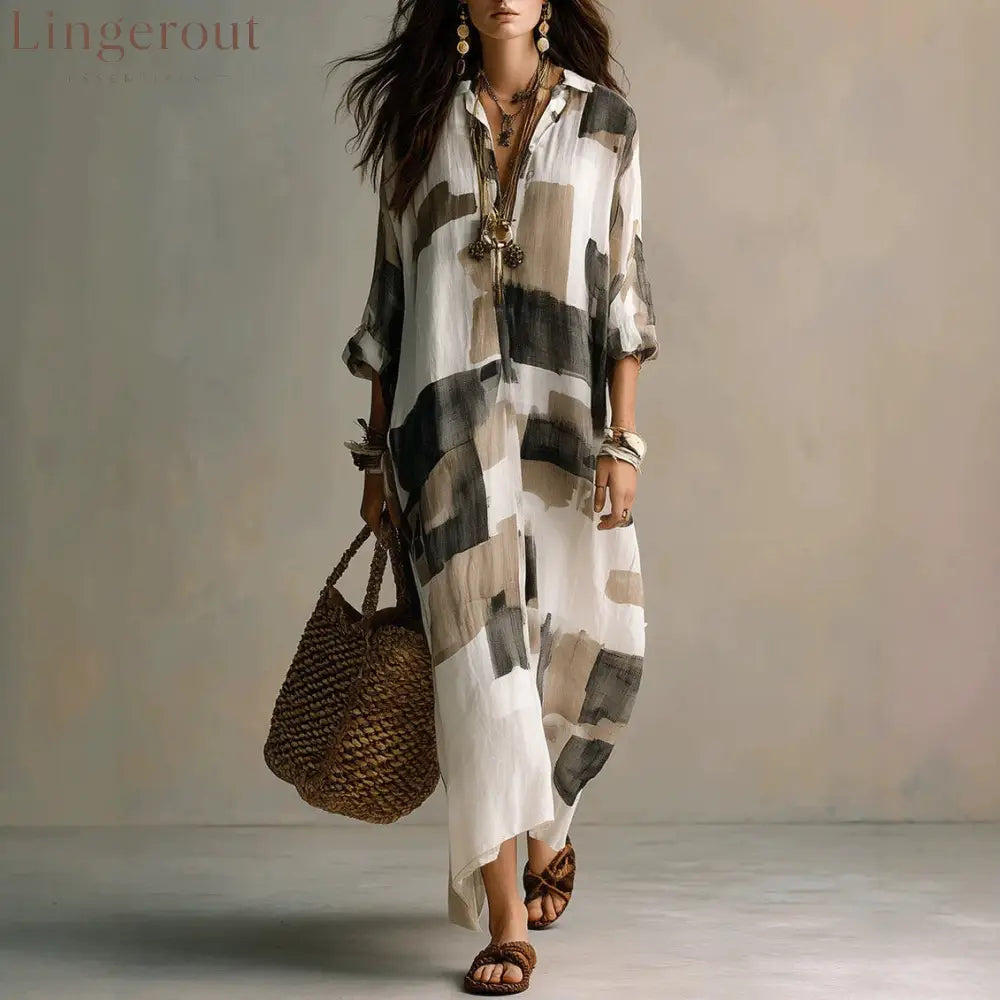 Roll Sleeve Oversized Irregular Hem Linen Blend Vacation Cover Up Dress