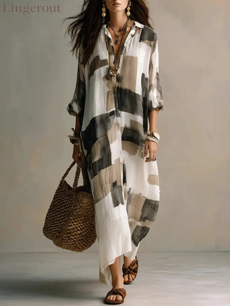 Roll Sleeve Oversized Irregular Hem Linen Blend Vacation Cover Up Dress - Black and white / S