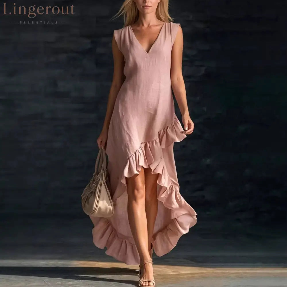 Romantic V-Neck Ruffle Dress - Pink / S