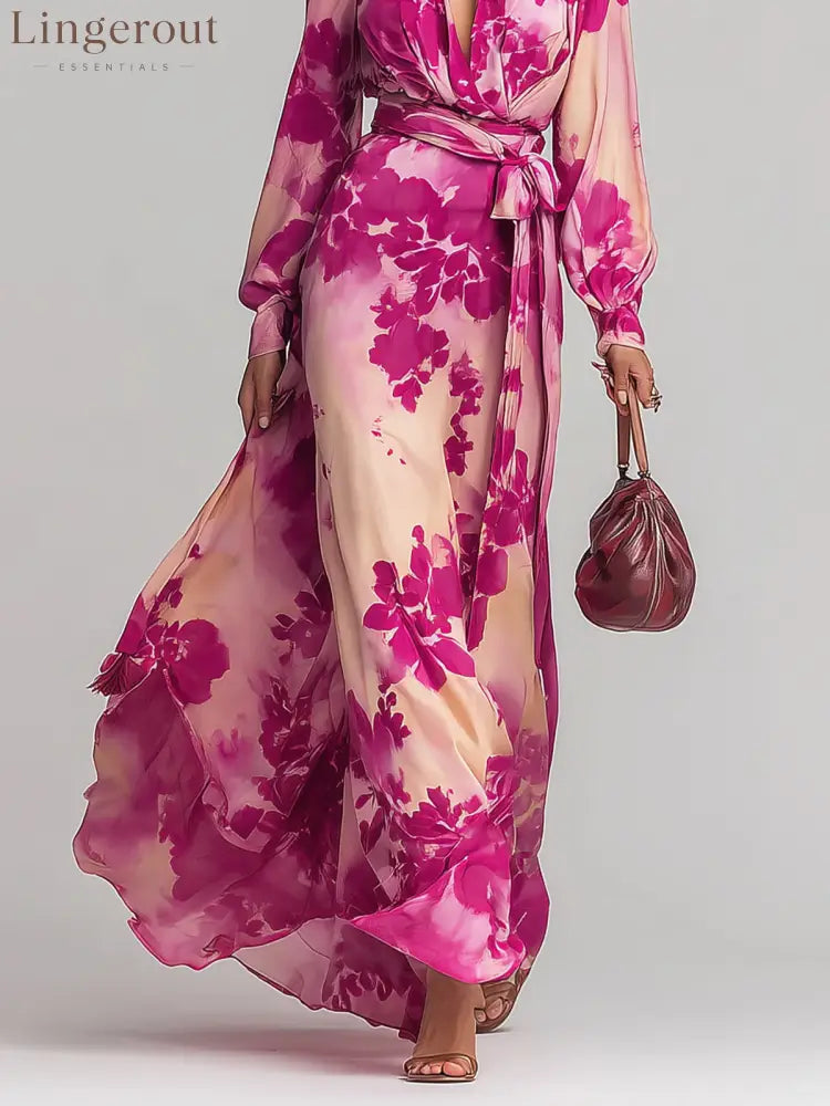 Rose Red Floral V-neck Belted Maxi Dress