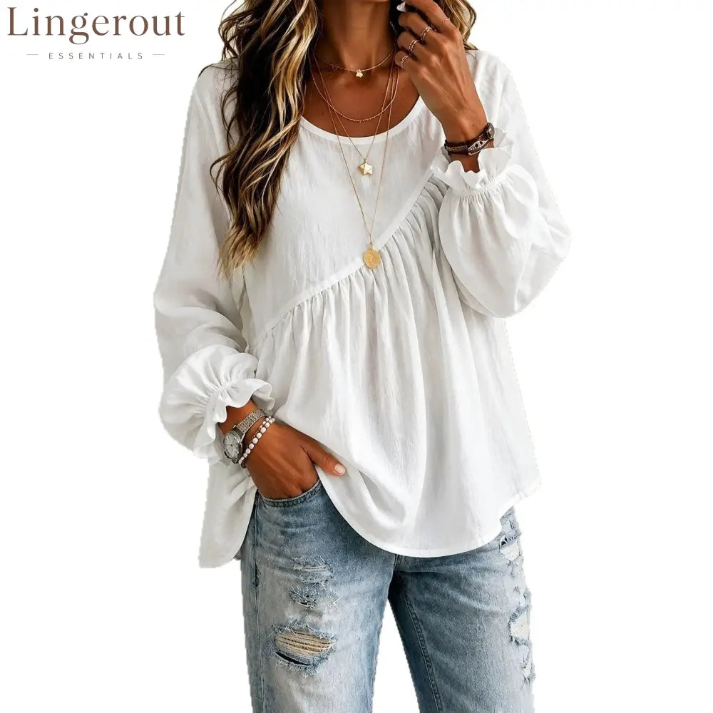 Round Neck Gathered Babydoll Blouse With Ruffle Balloon Long Sleeves