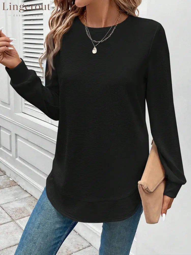 Round Neck Long Sleeve Solid Color Top