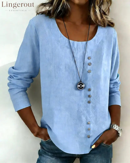 Round Neck Long Sleeve Top - Blue / S