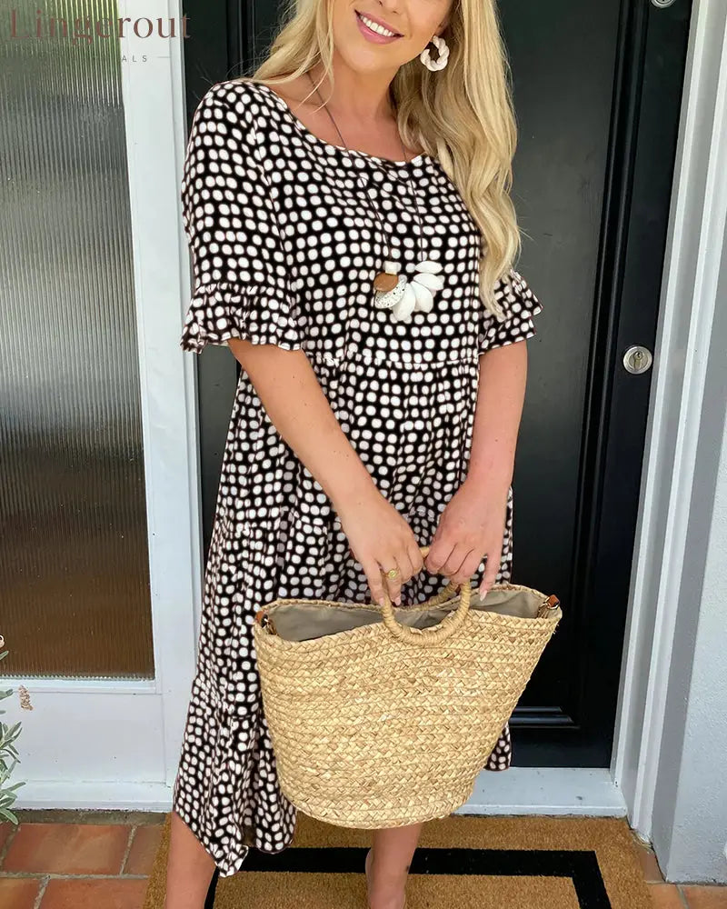 Round neck polka dot print midi dress