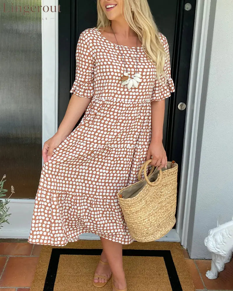 Round neck polka dot print midi dress