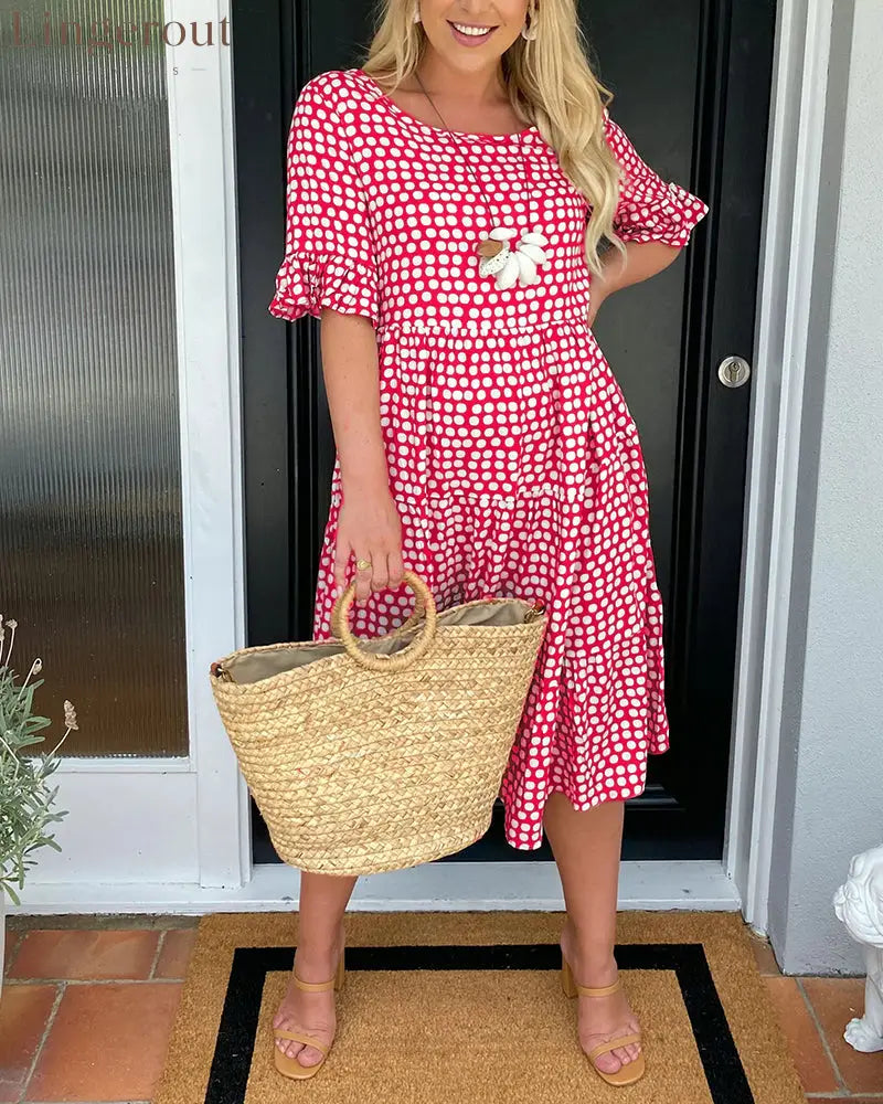 Round neck polka dot print midi dress - Red / S