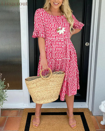Round neck polka dot print midi dress - Red / S