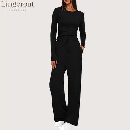 Ruched Long Sleeve Top & Drawstring Waist Pocket Wide Leg Pants Two Piece Set