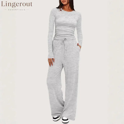 Ruched Long Sleeve Top & Drawstring Waist Pocket Wide Leg Pants Two Piece Set