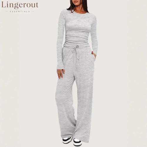 Ruched Long Sleeve Top & Drawstring Waist Pocket Wide Leg Pants Two Piece Set