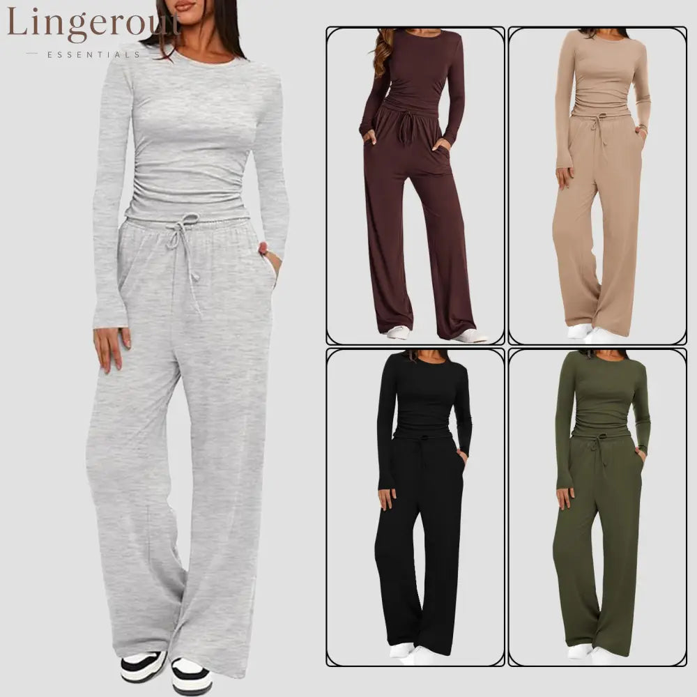Ruched Long Sleeve Top & Drawstring Waist Pocket Wide Leg Pants Two Piece Set
