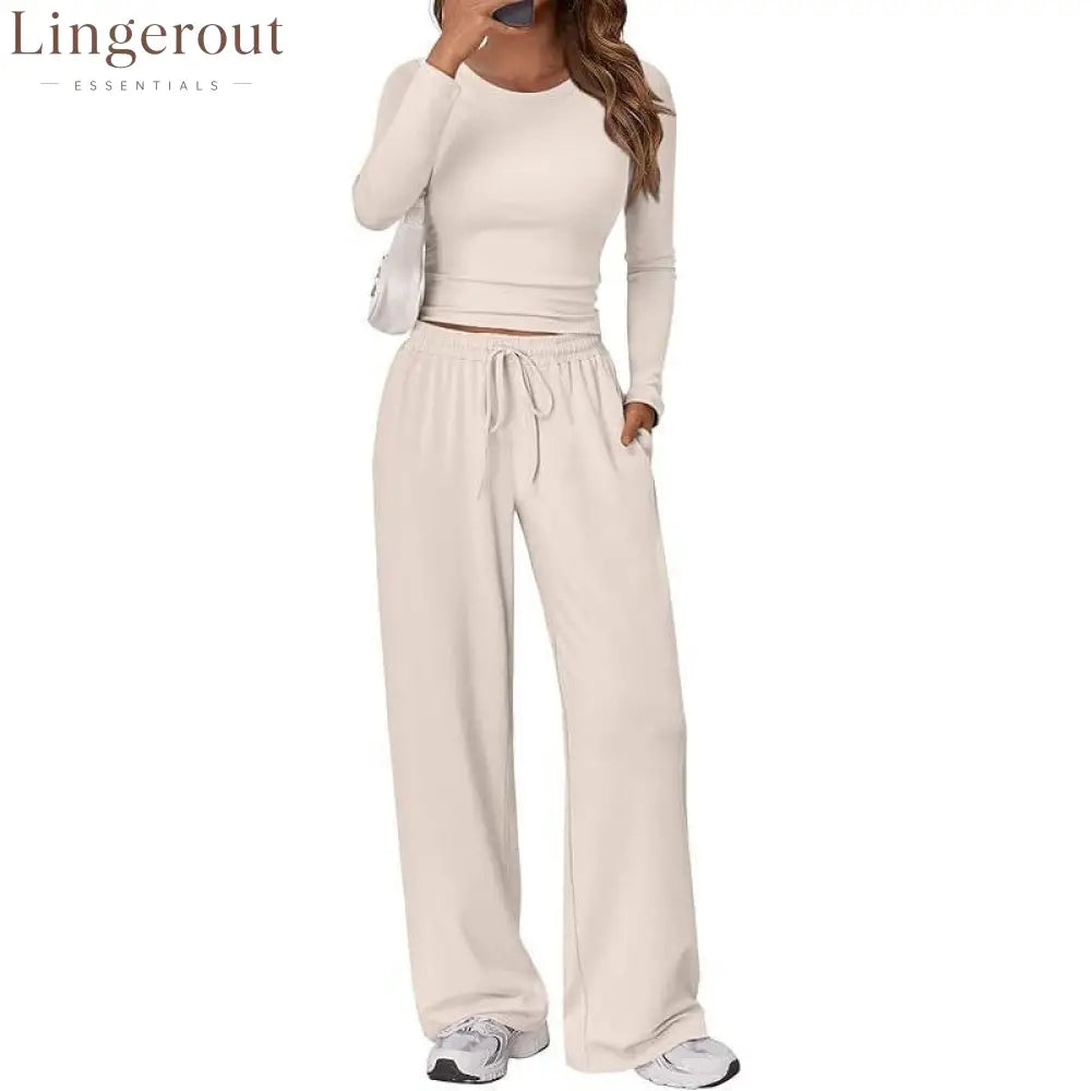 Ruched Long Sleeve Top & Drawstring Waist Pocket Wide Leg Pants Two Piece Set - Apricot / S