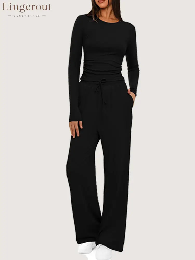 Ruched Long Sleeve Top & Drawstring Waist Pocket Wide Leg Pants Two Piece Set - Black / S