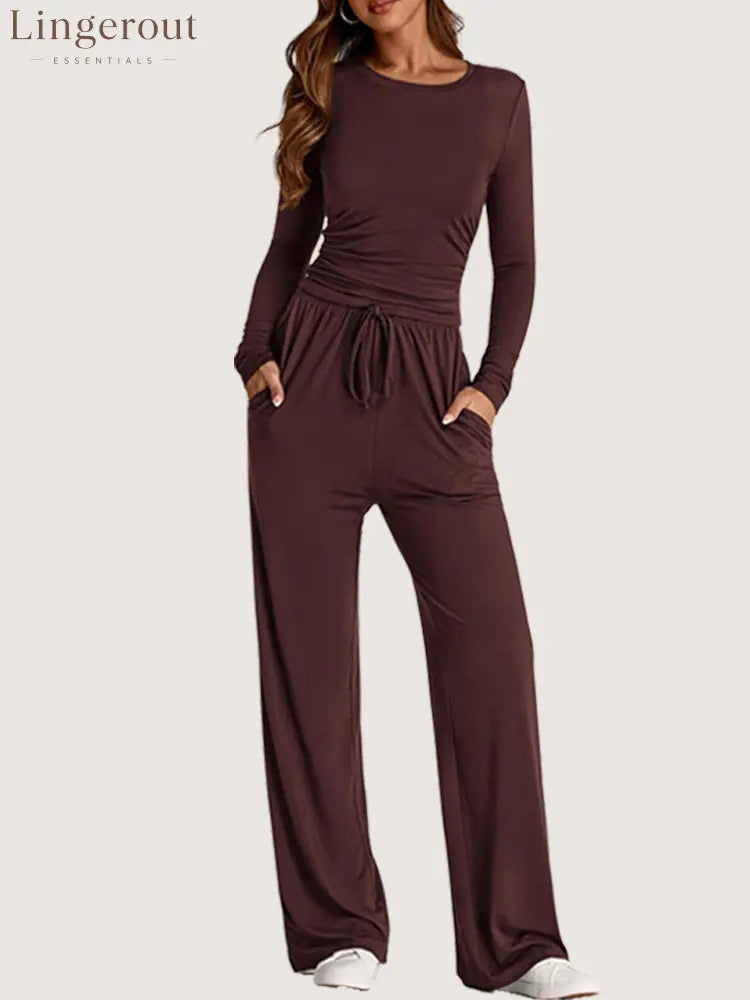 Ruched Long Sleeve Top & Drawstring Waist Pocket Wide Leg Pants Two Piece Set - Brown / S