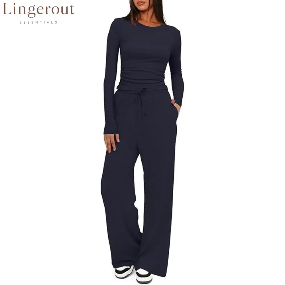 Ruched Long Sleeve Top & Drawstring Waist Pocket Wide Leg Pants Two Piece Set - Dark blue / S
