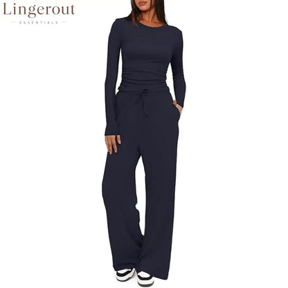 Ruched Long Sleeve Top & Drawstring Waist Pocket Wide Leg Pants Two Piece Set - Dark blue / S