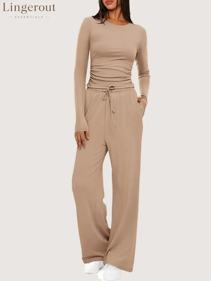Ruched Long Sleeve Top & Drawstring Waist Pocket Wide Leg Pants Two Piece Set - Khaki / S