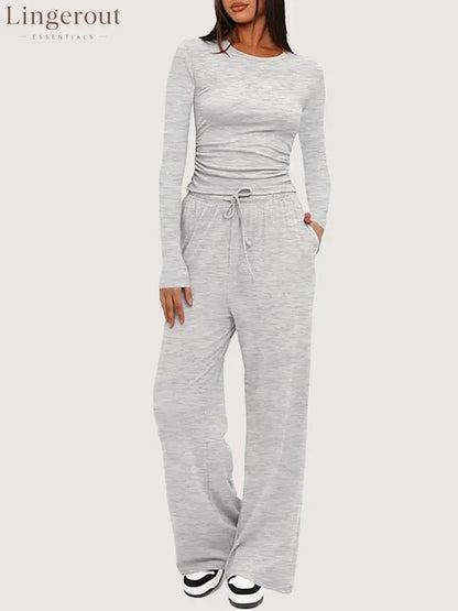 Ruched Long Sleeve Top & Drawstring Waist Pocket Wide Leg Pants Two Piece Set - Light gray / S