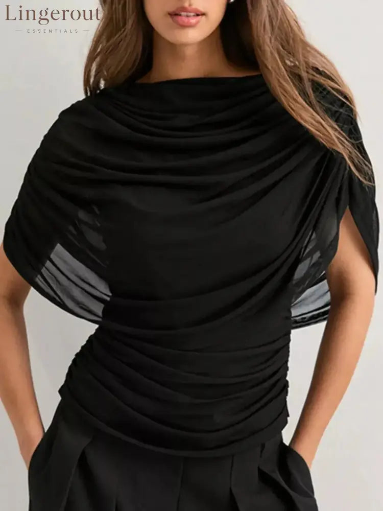 Ruched Short Sleeve Top - Black / S
