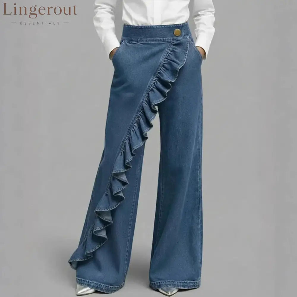 Ruffle Accent High-Waist Wide-Leg Jeans