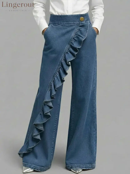 Ruffle Accent High-Waist Wide-Leg Jeans - Dark blue / S