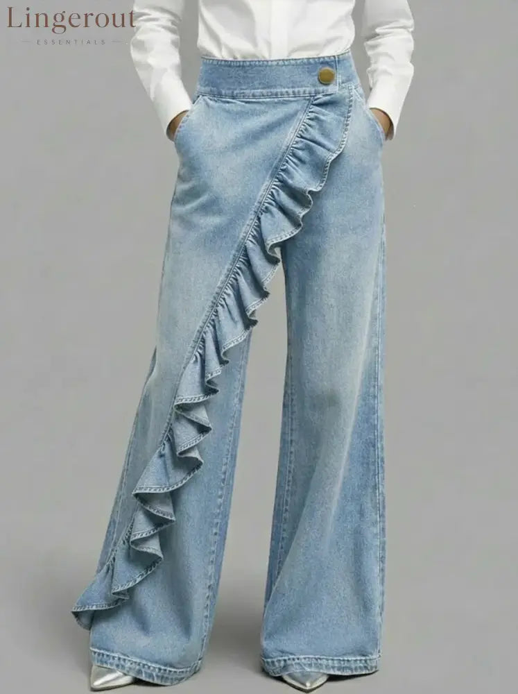 Ruffle Accent High-Waist Wide-Leg Jeans - Light blue / S