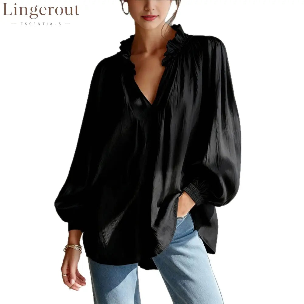 Ruffle V-Neck Crinkled Texture Balloon Sleeve Blouse