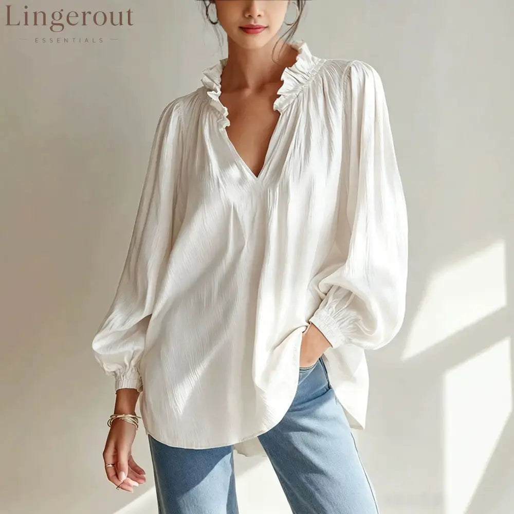 Ruffle V-Neck Crinkled Texture Balloon Sleeve Blouse