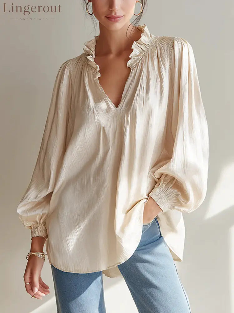 Ruffle V-Neck Crinkled Texture Balloon Sleeve Blouse - Apricot / S