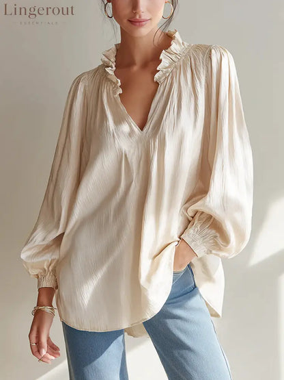 Ruffle V-Neck Crinkled Texture Balloon Sleeve Blouse - Apricot / S