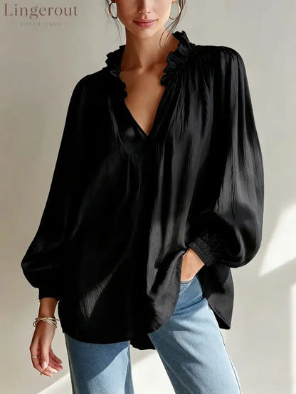 Ruffle V-Neck Crinkled Texture Balloon Sleeve Blouse - Black / S