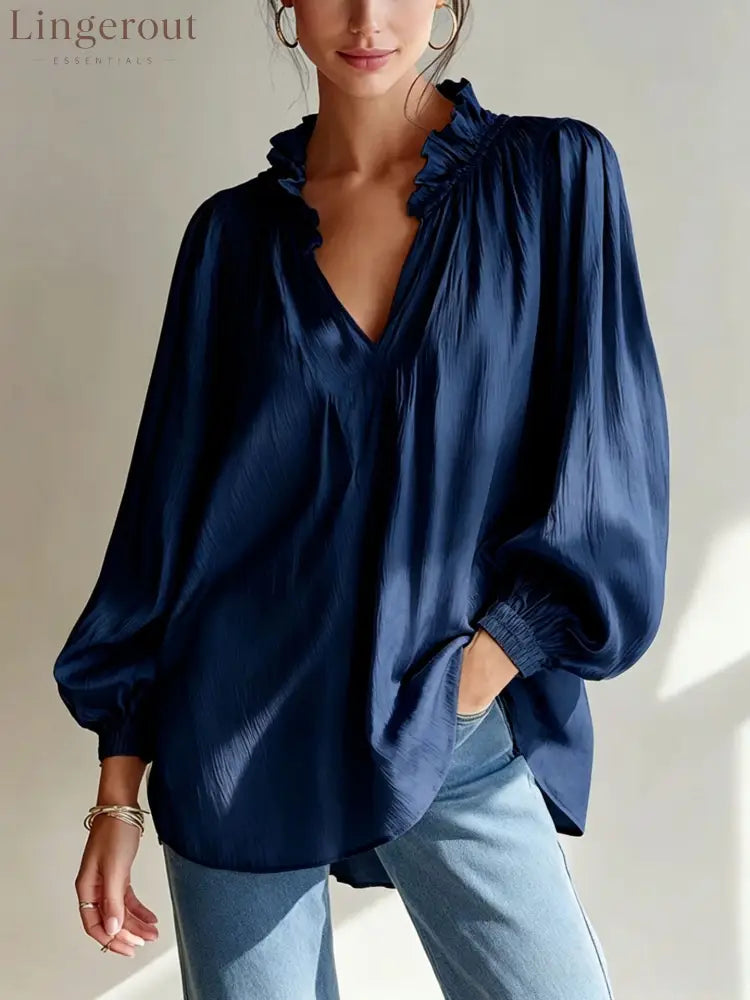 Ruffle V-Neck Crinkled Texture Balloon Sleeve Blouse - Dark blue / S