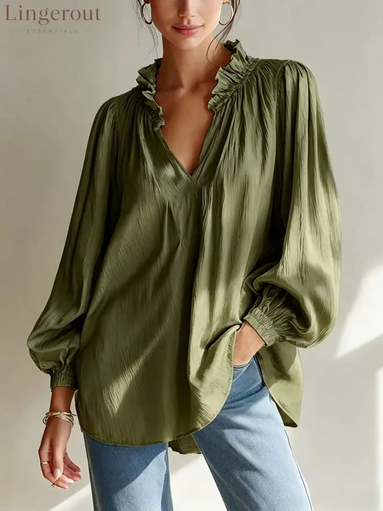 Ruffle V-Neck Crinkled Texture Balloon Sleeve Blouse - Olive green / S