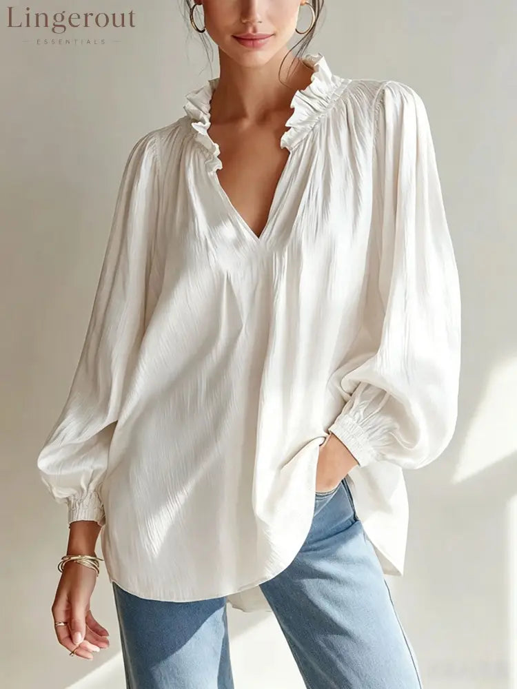 Ruffle V-Neck Crinkled Texture Balloon Sleeve Blouse - White / S