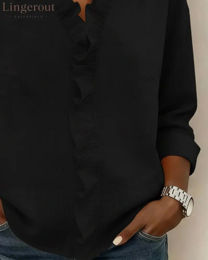 Ruffle V-Neck Long-Sleeve Blouse