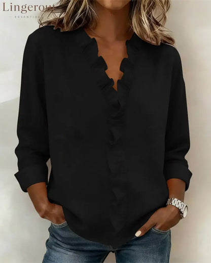 Ruffle V-Neck Long-Sleeve Blouse - Black / S